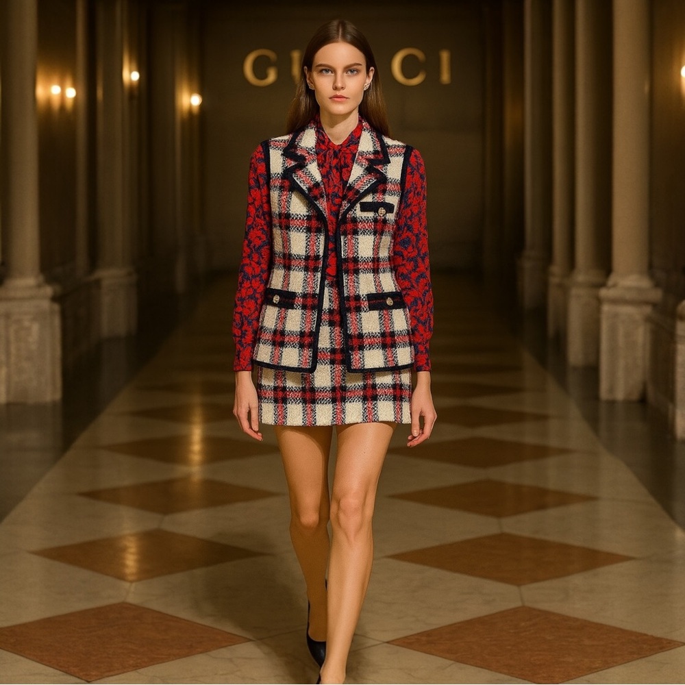 GUCCI Sleeveless Tweed Vest Mini Skirt Set Plaid white red blue IT40 IT44 EUC